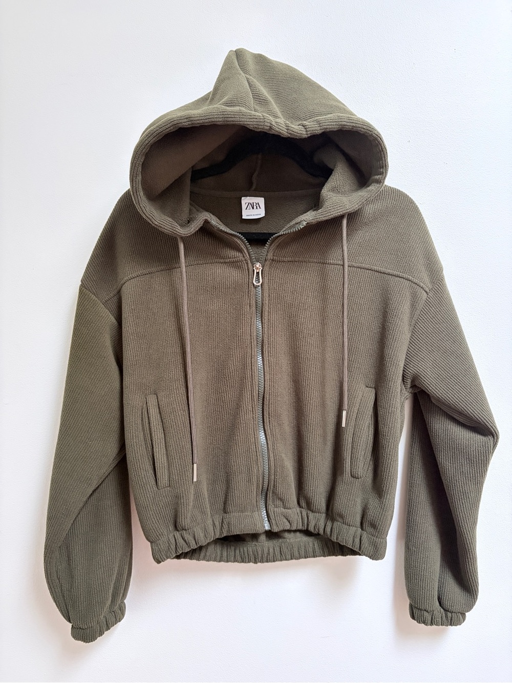 Zara Cropped Olive Ribbed Zip Hoodie Small